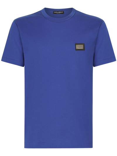 Dolce & Gabbana T-shirt Cotone Con Placca Logata In Blue