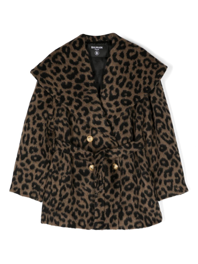 Balmain Kids' Leopard-print Double-breasted Coat In Marrone