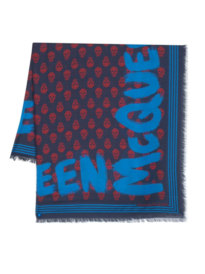 Alexander Mcqueen Mcqueen Graffiti Printed Frayed Scarf In Blue