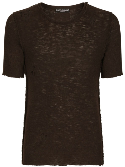 Dolce & Gabbana Semi-sheer Distressed-finish T-shirt In Brown
