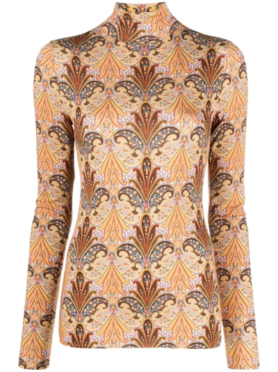Etro Turtle Neck Top Ls Ornage Print In Brown