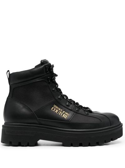 Versace Jeans Couture Logo-lettering Lace-up Boots In Black