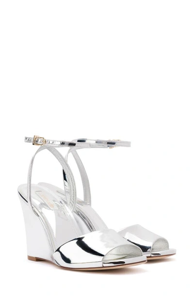 Larroude Yves Ankle Strap Wedge Sandal In Silver