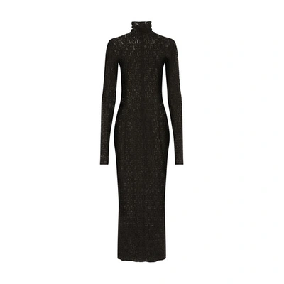 Dolce & Gabbana Tulle Calf-length Dress With All-over Dg Logo In Black