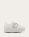 Valentino Garavani Rockstud Untitled Flatform Trainer In Calfskin With Metallic Crackle-effect Band  In White/silver