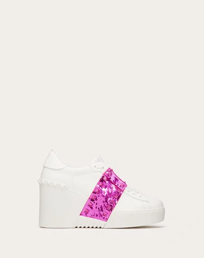 Valentino Garavani Open Disc Wedge Trainer In Calfskin With Sequin Embroidery 85mm Woman White/pink In White/pink Pp