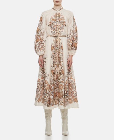 Zimmermann Devi Paisley-embroidery Belted Linen Midi Dress In Multicolor