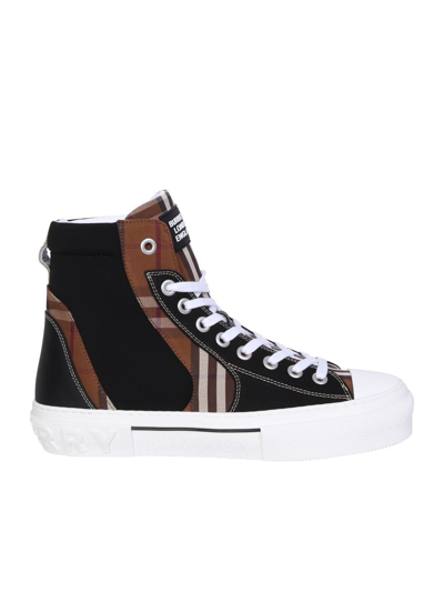 Burberry High Sneakers With Multi-material Panel Detail With Iconic Dark Birch Brown Check By Burber In Neutrals