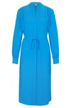 Hugo Boss Belted Shirt Dress With Collarless Styling And Button Cuffs In Blue