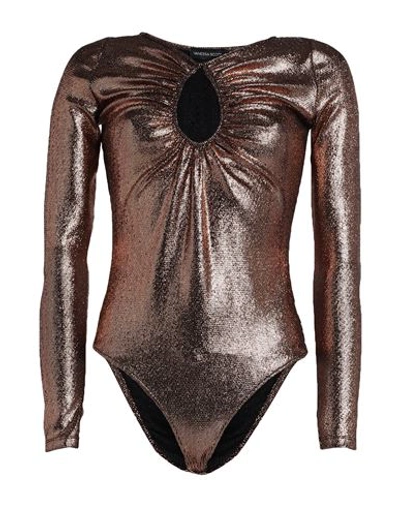 Vanessa Scott Woman Bodysuit Copper Size M Nylon, Metallic Fiber, Elastane In Orange