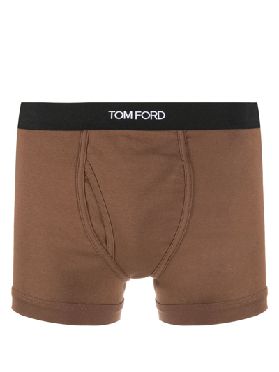Tom Ford Logo-waistband Stretch-cotton Boxers In Brown