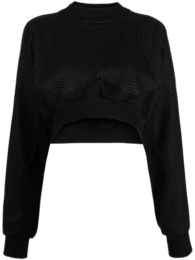 Off-white Abstract-print Cropped Cotton Sweatshirt In Black