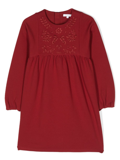 Chloé Kids' Floral-embroidery Long-sleeve Dress In Red