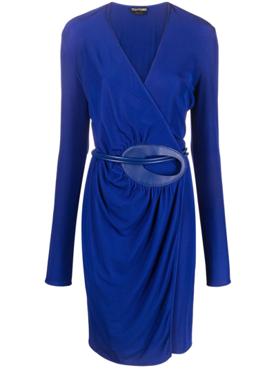Tom Ford Plunging Leather-trim Microcosta Jersey Wrap Mini Dress In Blue