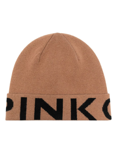 Pinko Logo-print Ribbed Beanie In Camel