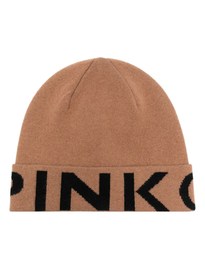 PINKO LOGO-PRINT RIBBED BEANIE