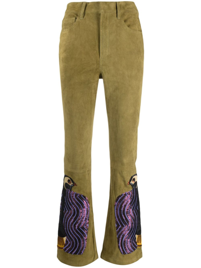 Paula Motif-embroidered Flared Trousers In Green