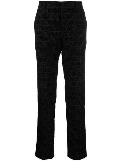 Moschino Flocked-logo Straight-leg Trousers In Black