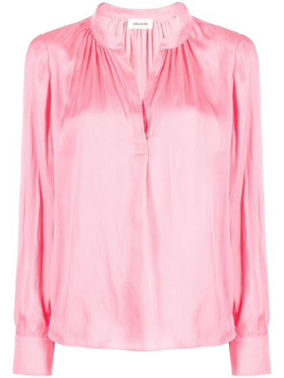 Zadig & Voltaire Tink Band-collar Satin-finish Blouse In Pink