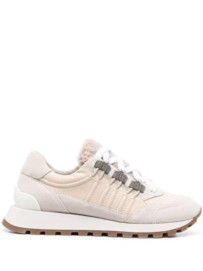 Brunello Cucinelli Shearling-trim Low-top Sneakers In Beige