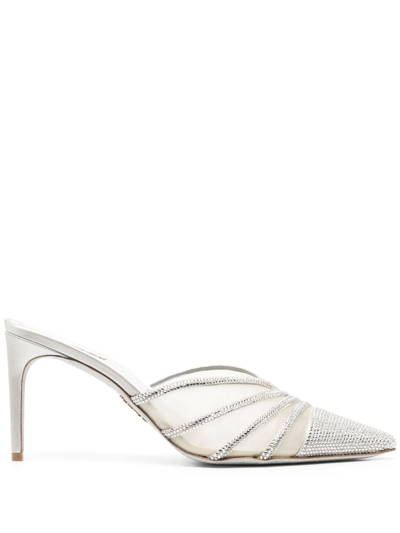 René Caovilla Rene 80 High Heel Point Toe Mule Mesh Crystal In Grey