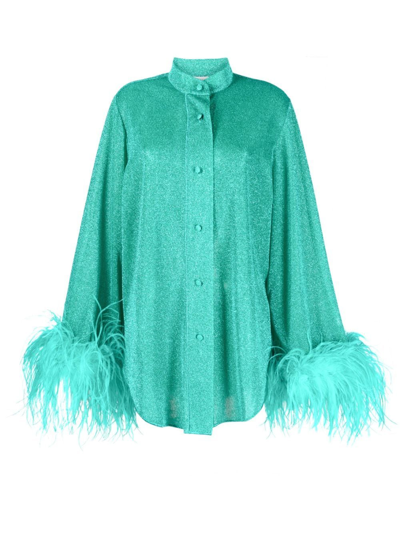 Oseree Feather-trim Detail Blouse In Green