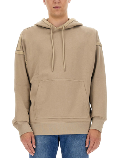 Helmut Lang Embroidered Logo Hooded Sweatshirt In Beige