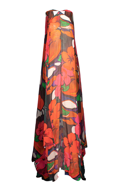 Naeem Khan Retro Floral Chiffon Caped Silk Halter Gown In Multi