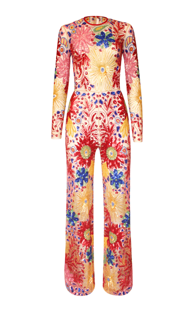 Naeem Khan Abstract Floral Beaded Jumpsuit In Multi