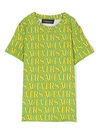 Versace Kids' Logo-print Crew-neck T-shirt In Green