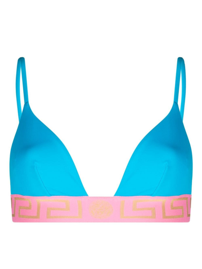 Versace Greca-border Triangle Bikini Top In 2vb10 Blue/flamingo