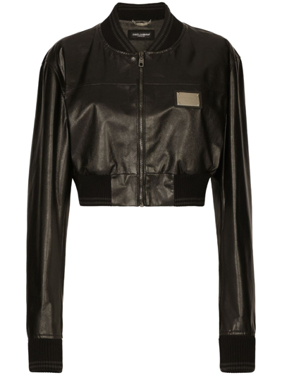 Dolce & Gabbana Logo-plaque Cropped Leather Jacket In Black