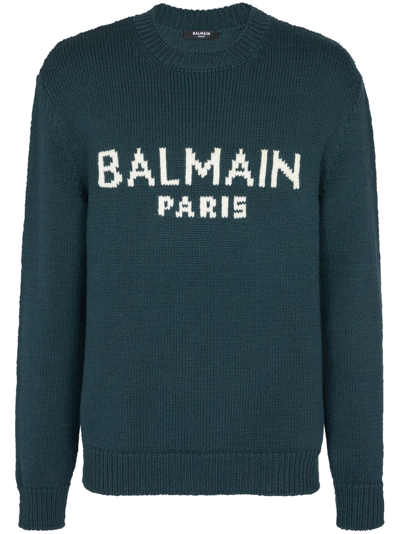 Balmain Logo-print Knitted Jumper In Green