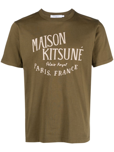 Maison Kitsuné Logo-print Cotton T-shirt In Khaki