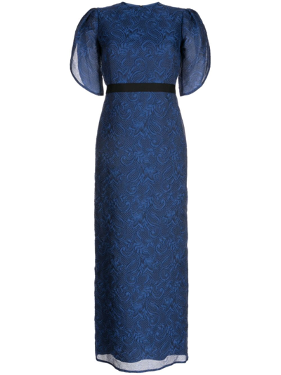 Erdem Belted Metallic Cloqué Gown In Blue