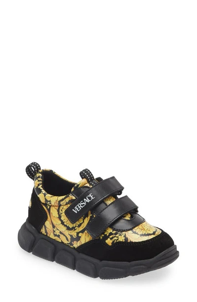 Versace Kids' Barocco-print Touch-strap Sneakers In Black