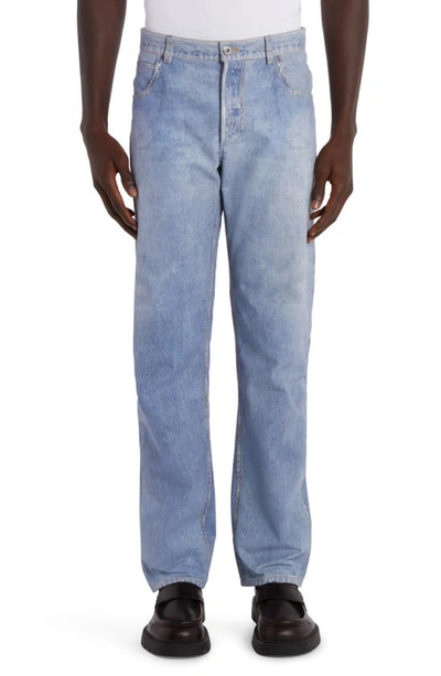 Bottega Veneta Denim Print Straight Leg Leather Trousers In 4942 Light Blue