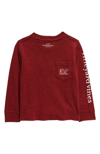 Vineyard Vines Kids' Football Whale Long Sleeve Pocket Cotton Graphic T-shirt In Crimson Heather