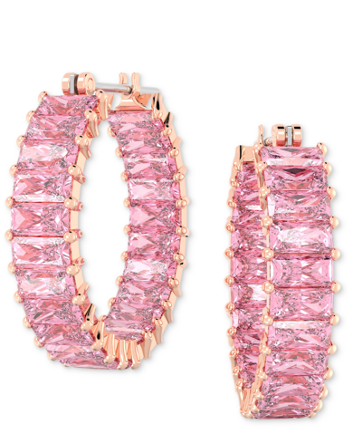 SWAROVSKI 14K ROSE GOLD-PLATED SMALL PINK BAGUETTE CUBIC ZIRCONIA HOOP EARRINGS, 0.87"