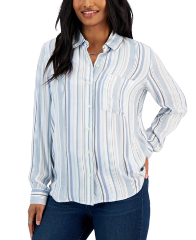 Style & Co Petite Plaid Printed Perfect Shirt, Created For Macy's In Blue Stripe