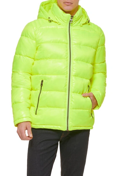 Guess Hooded Solid Puffer Jacket In Neon Yellow