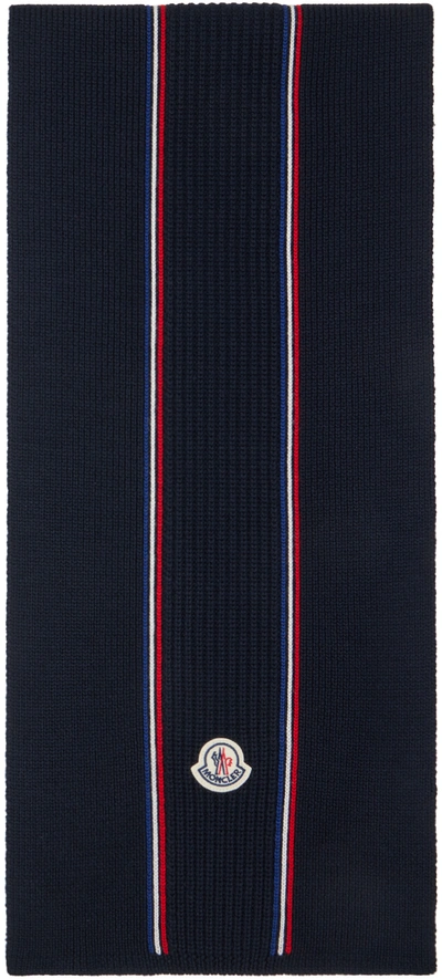 Moncler Logo-patch Virgin-wool Scarf In Blue