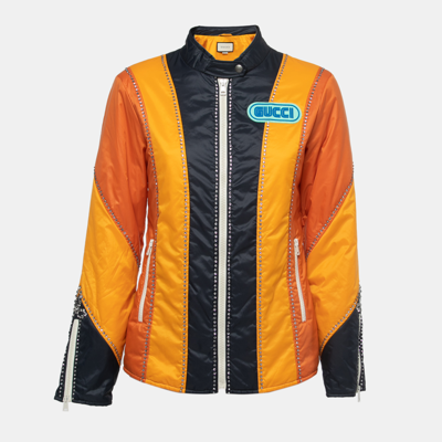Pre-owned Gucci Orange Crystal Embellished Striped Spiritismo Biker Jacket S