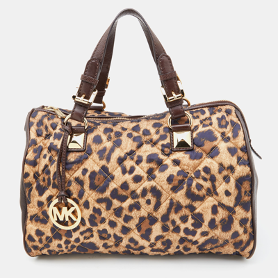Pre-owned Michael Michael Kors Brown Leopard Print Satin And Leather Boston Bag