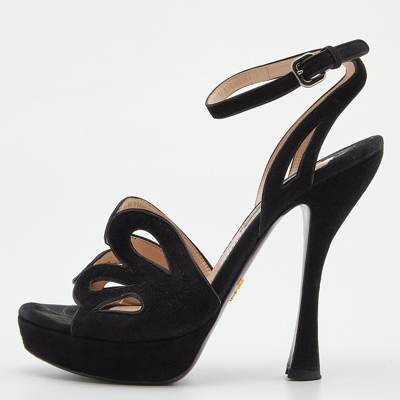 Pre-owned Prada Black Suede Platform Ankle Strap Sandals Size 38.5