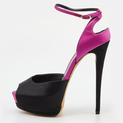 Pre-owned Giuseppe Zanotti Black/pink Satin And Suede Peep Toe Platform Ankle Sandals Size 38