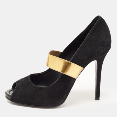 Pre-owned Dolce & Gabbana Black/gold Suede And Elastic Band Mary Jane Peep Toe Pumps Size 39