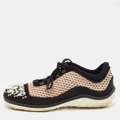 Pre-owned Miu Miu Black/pink Neoprene And Mesh Crystal Embellished Low Top Trainers Size 40