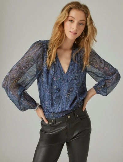 Lucky Brand Paisley Metallic Thread Bubble Hem Top In Indigo Multi