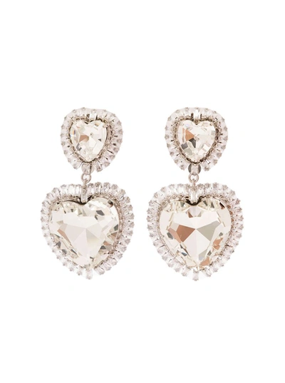 Alessandra Rich Silver-colored Heart-shaped Clip-on Earrings With Crystal Embellishment In Hypoallergenic Brass